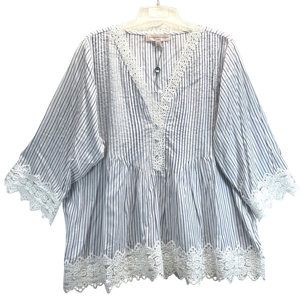 Catherine Malandrino Striped Lace Trim Pintuck Tunic Top Blue White 1X NEW